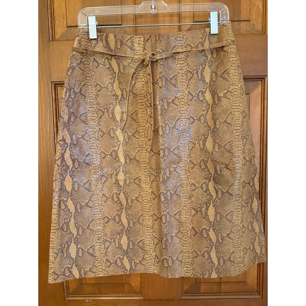 Hugo Buscati Snakeskin Print Leather Skirt Womens Size 6 Brown Front-Tie Belt